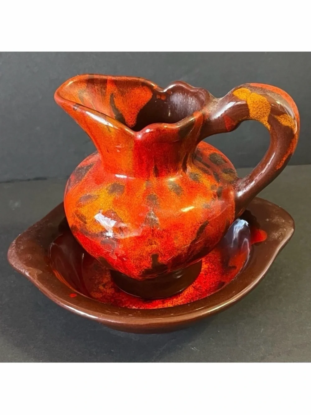 Cal USA 1107 Brown Burgundy Drip Glaze Studio Pottery Pitcher Bowl Set Vintage